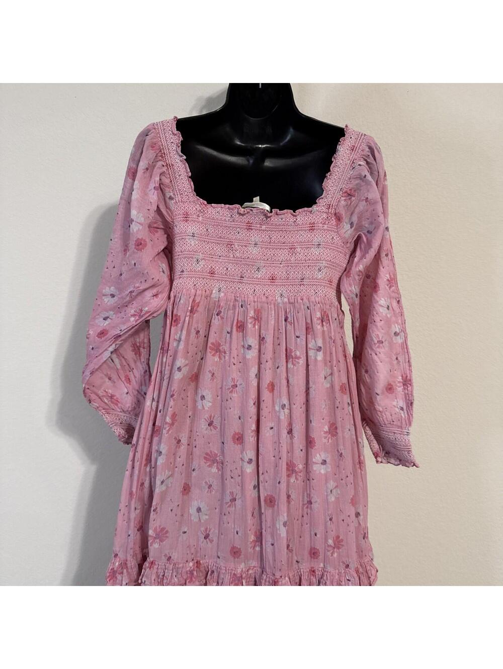 $475 LoveShackFancy Pink "Miri" Dress w/ Square Smocked Bodice Ruffle Hem - LRG - Picture 7 of 11